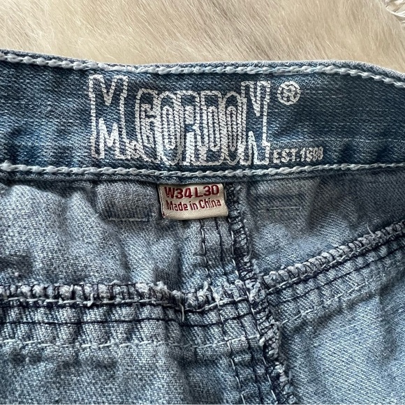 M. GORDON Jeans W34xL30 Distressed Holes Light Wash Stretch White Stitching - Picture 13 of 14